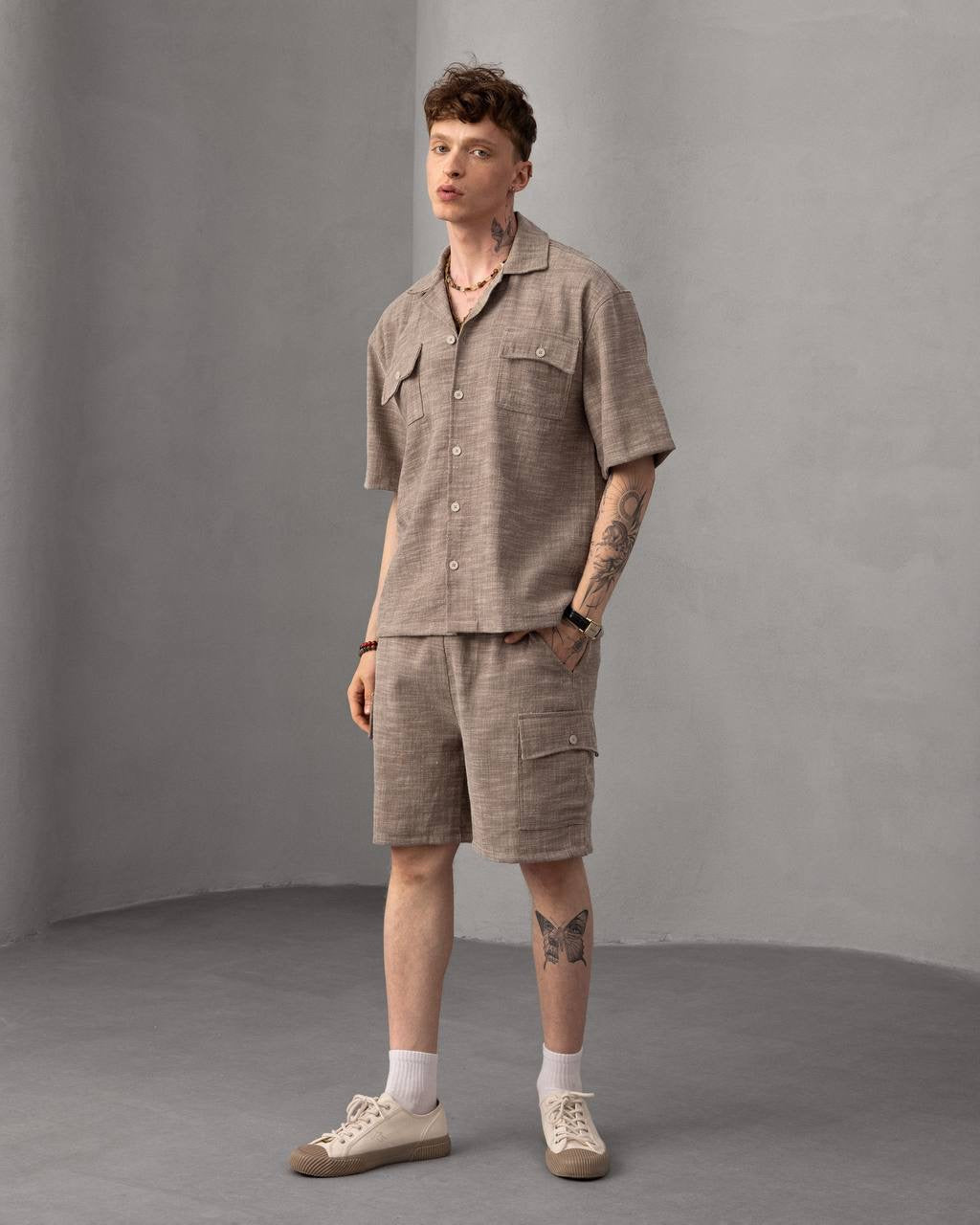 Casual Linen Shirt & Cargo Shorts Set