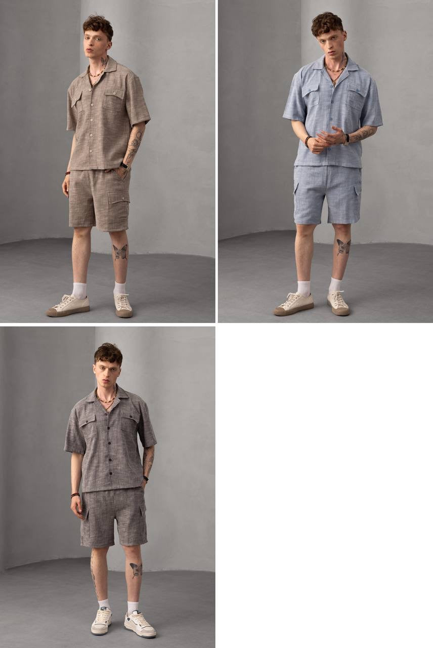 Casual Linen Shirt & Cargo Shorts Set