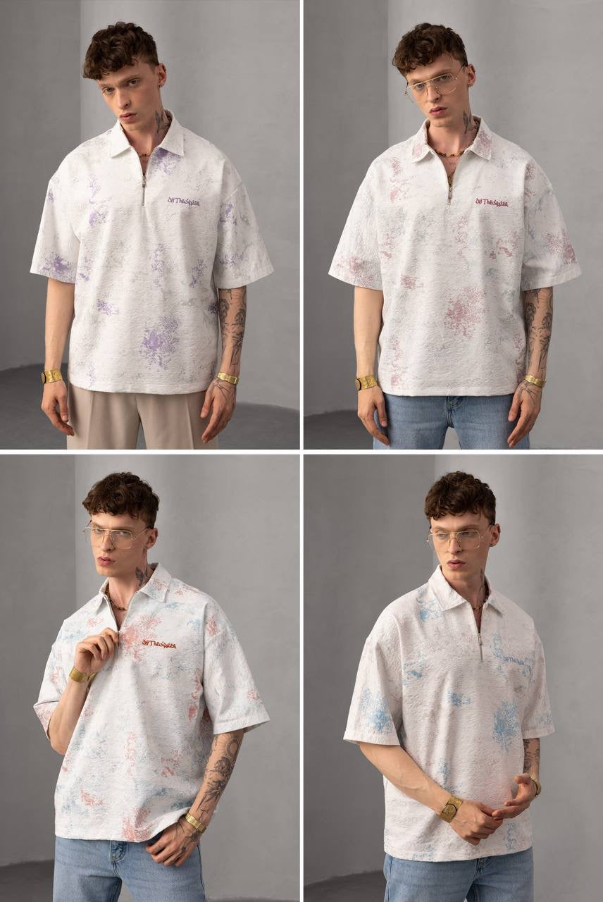 Zip Collar Tie-Dye Polo – Vintage Wash Streetwear Shirt