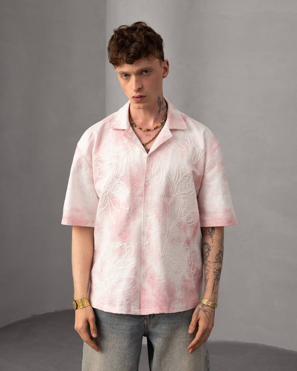 Tie-Dye Button-Up Embossed Floral Resort Shirt