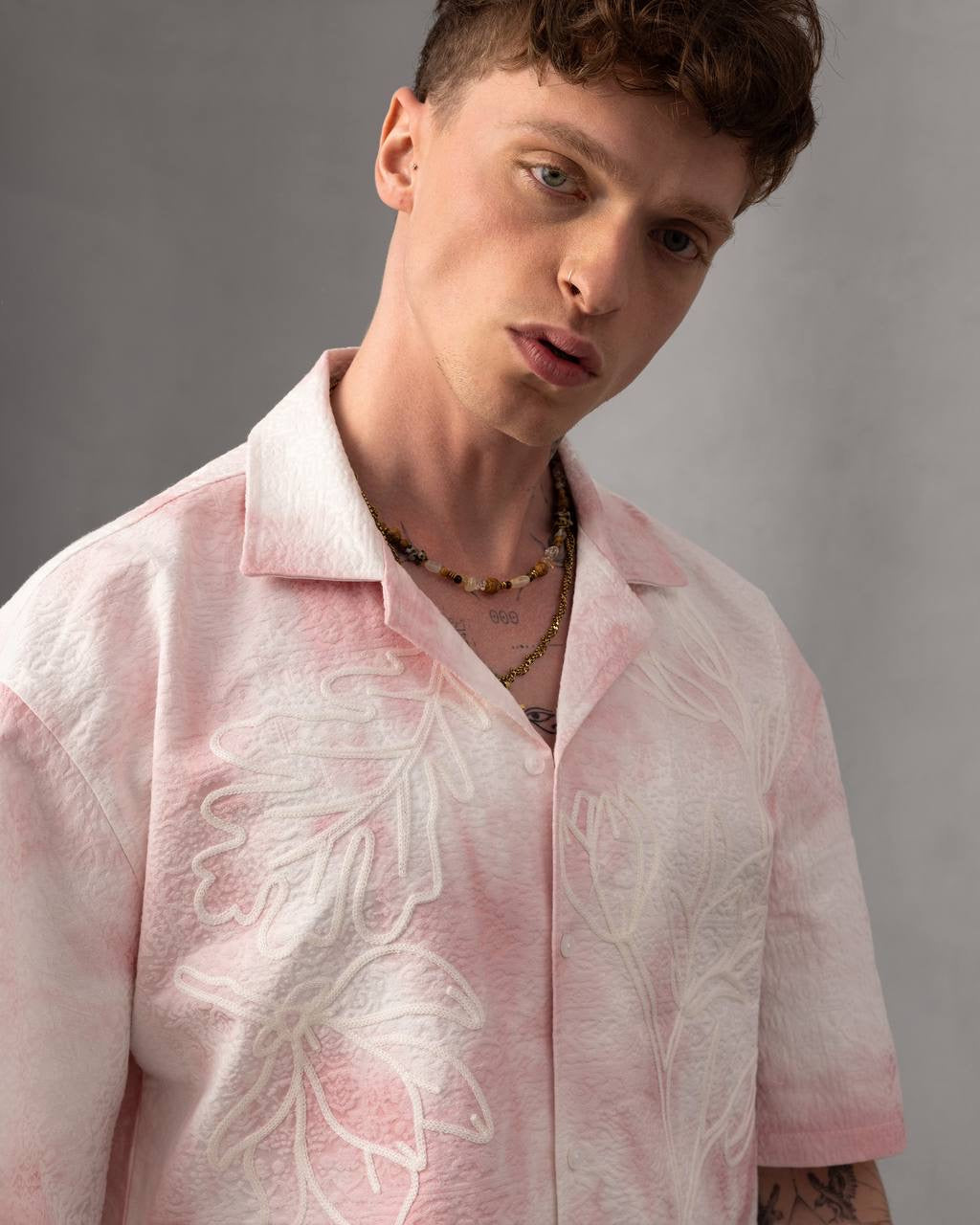 Tie-Dye Button-Up Embossed Floral Resort Shirt
