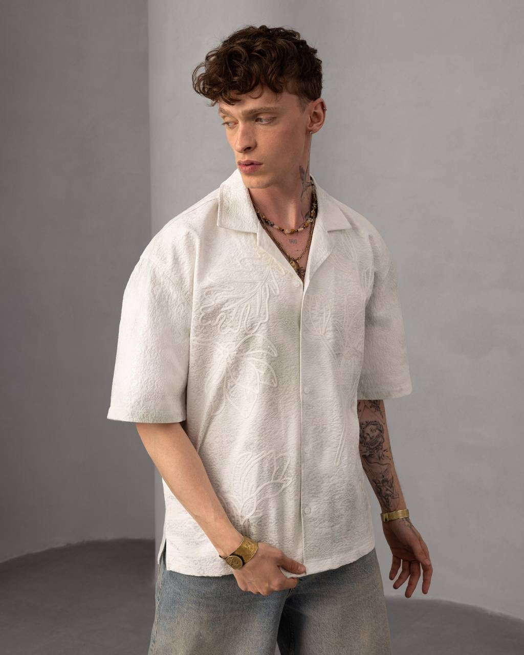 Tie-Dye Button-Up Embossed Floral Resort Shirt