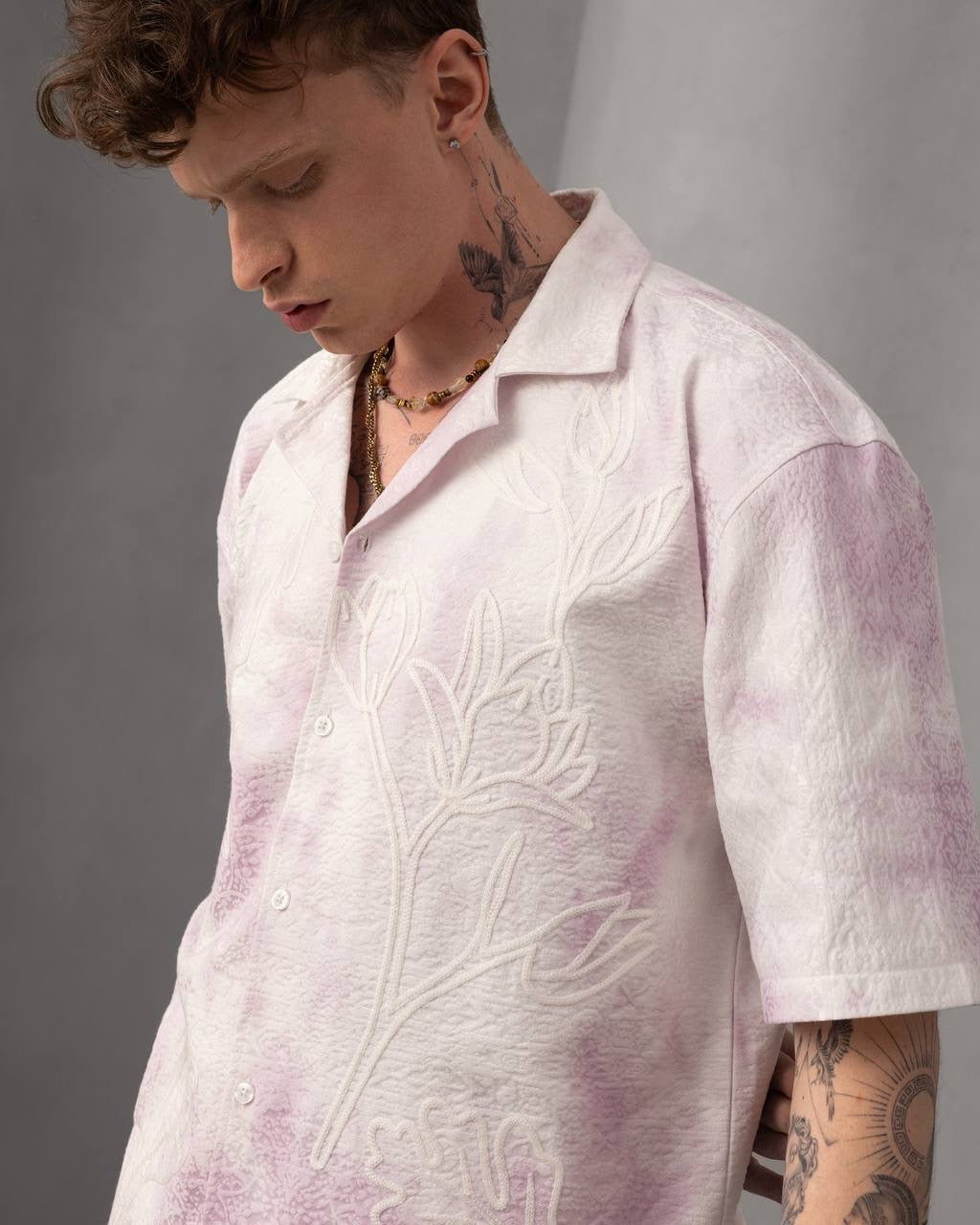 Tie-Dye Button-Up Embossed Floral Resort Shirt