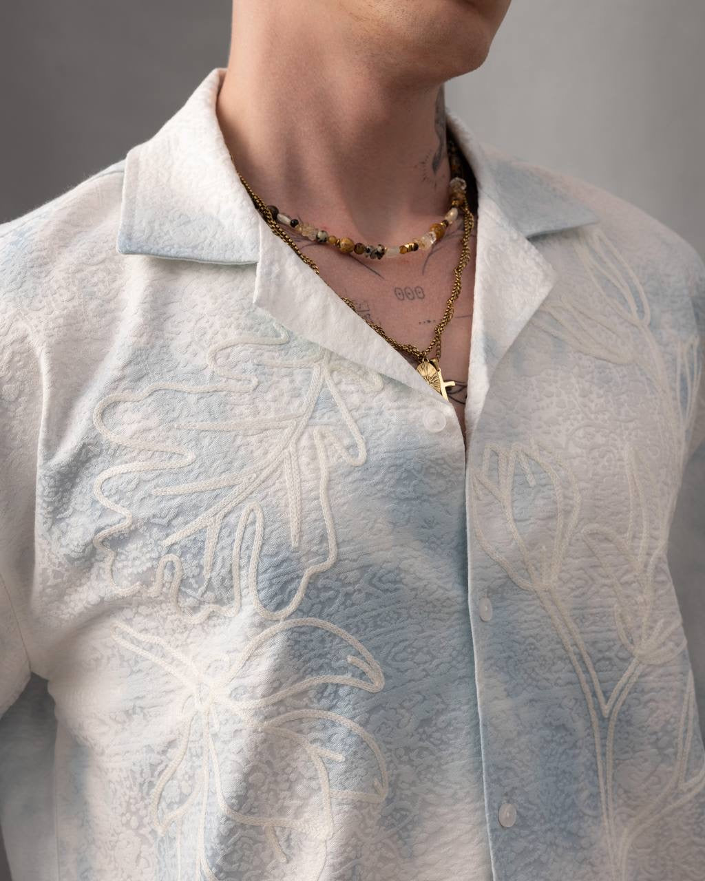 Tie-Dye Button-Up Embossed Floral Resort Shirt