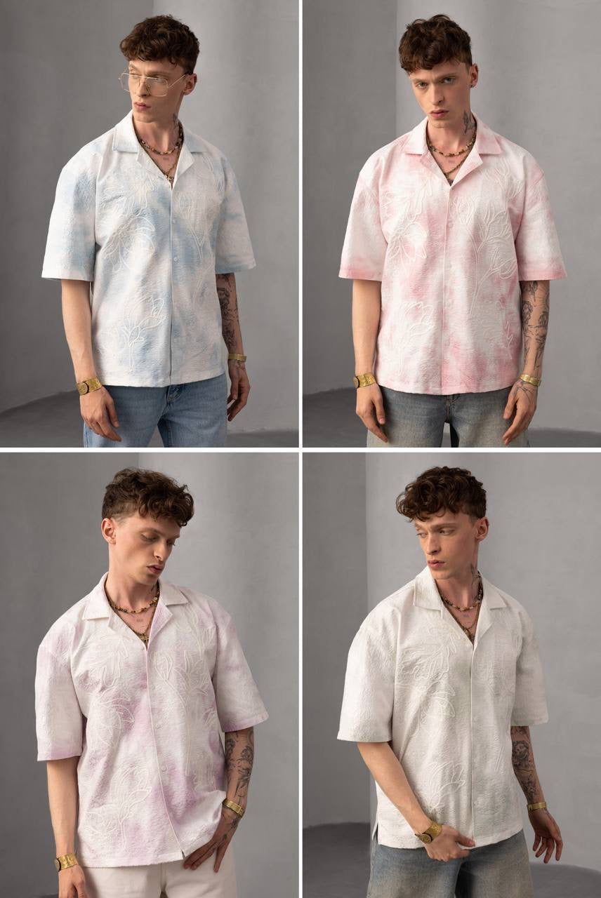 Tie-Dye Button-Up Embossed Floral Resort Shirt