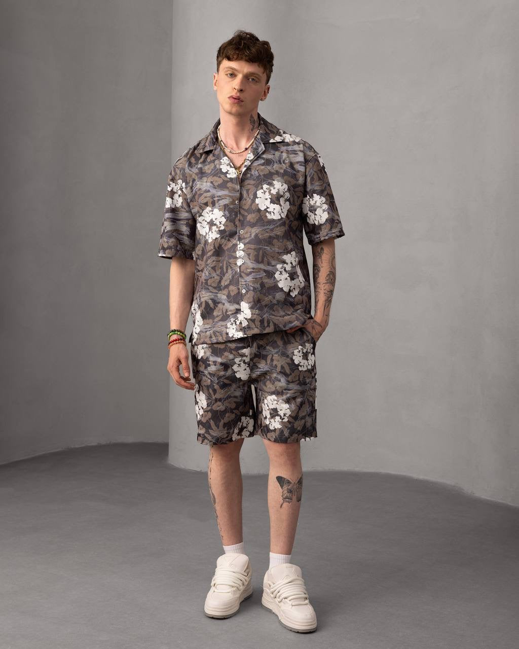 Men’s Floral Print Button-Up Shirt & Shorts Set