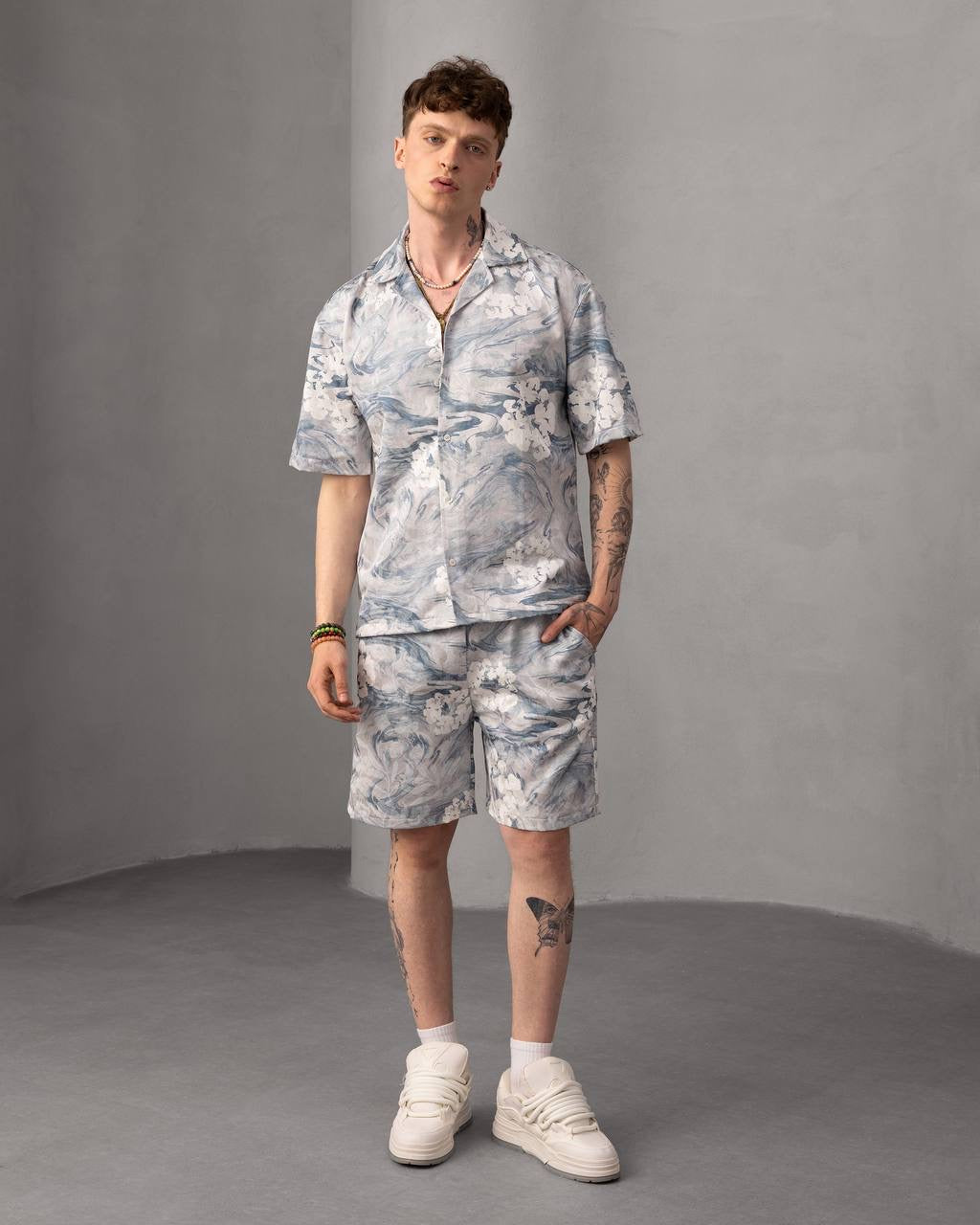 Men’s Floral Print Button-Up Shirt & Shorts Set