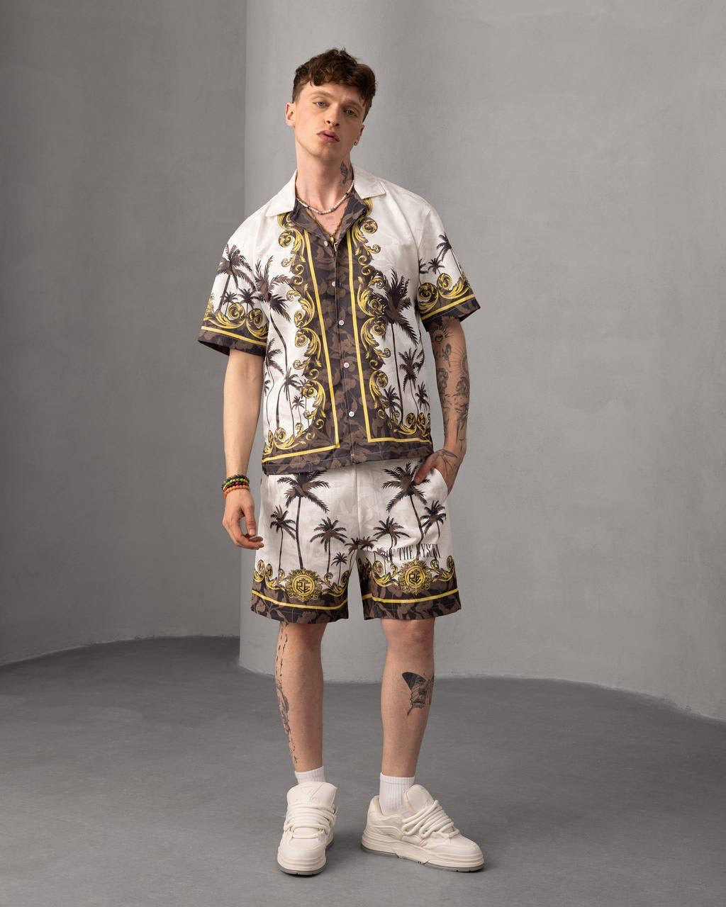 Palm Print Button-Up Summer Beachwear Short Set