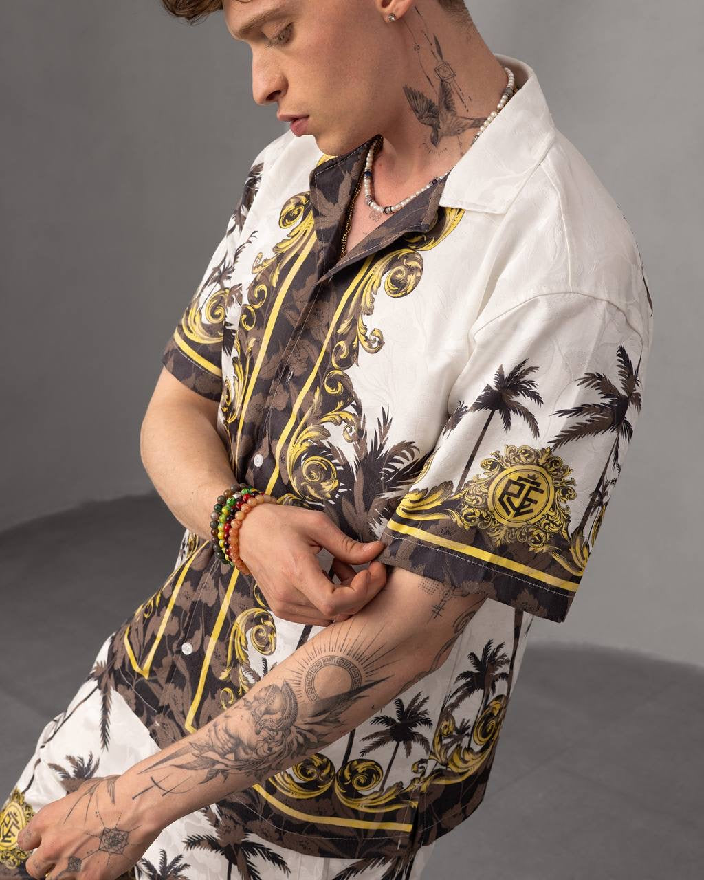 Palm Print Button-Up Summer Beachwear Short Set