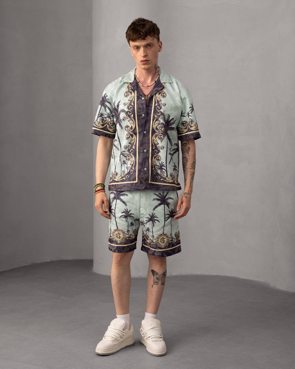Palm Print Button-Up Summer Beachwear Short Set