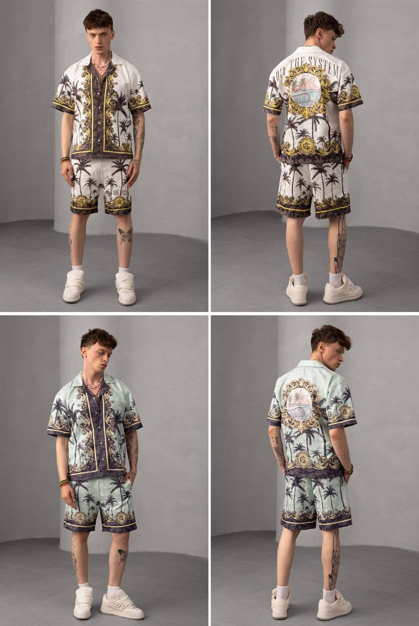 Palm Print Button-Up Summer Beachwear Short Set