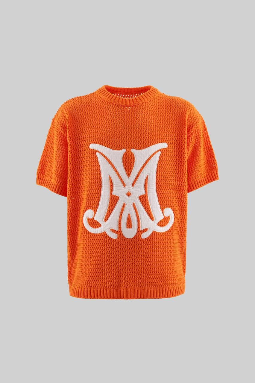 Orange Knit T-Shirt with 'M' Letter Applique Casual Streetwear Style