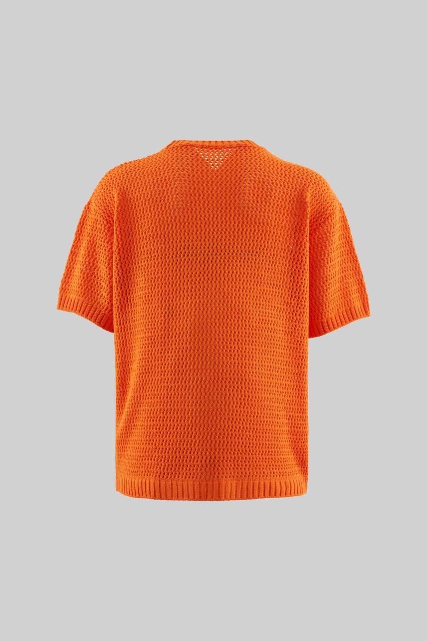 Orange Knit T-Shirt with 'M' Letter Applique Casual Streetwear Style