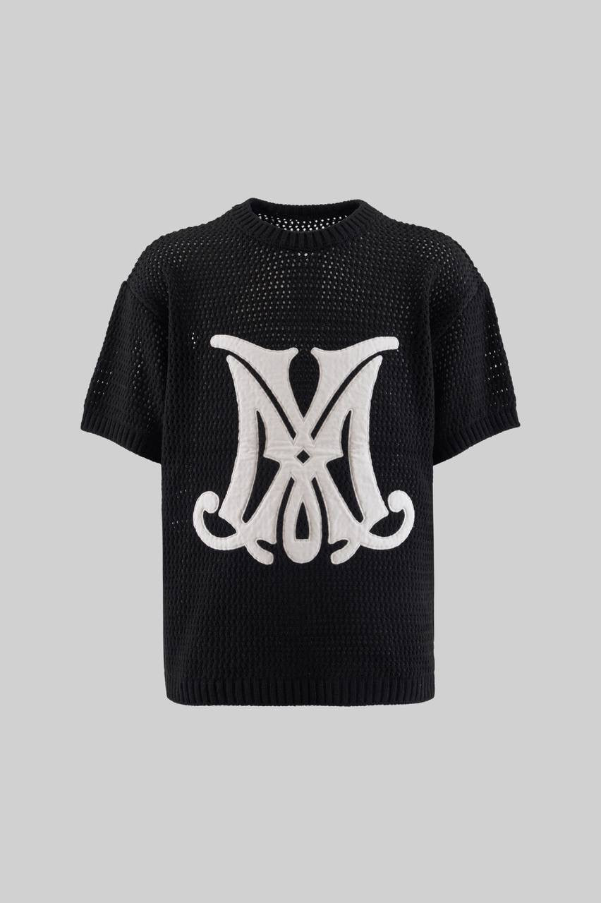 Men’s Knit College Style T-Shirt in Black M Letter Applique