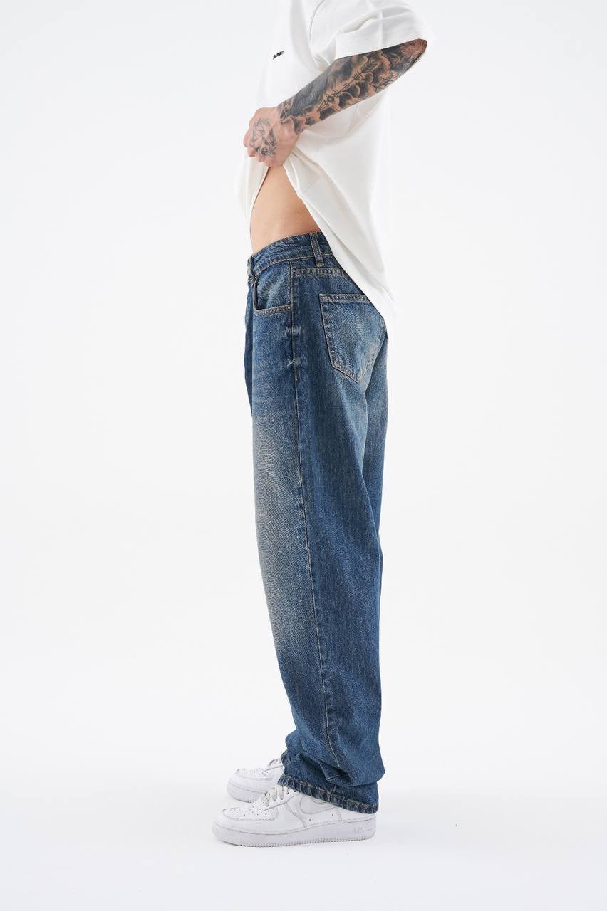 Men’s Baggy Fit Gabardine Dyed Jeans in  Blue Cotton Twill