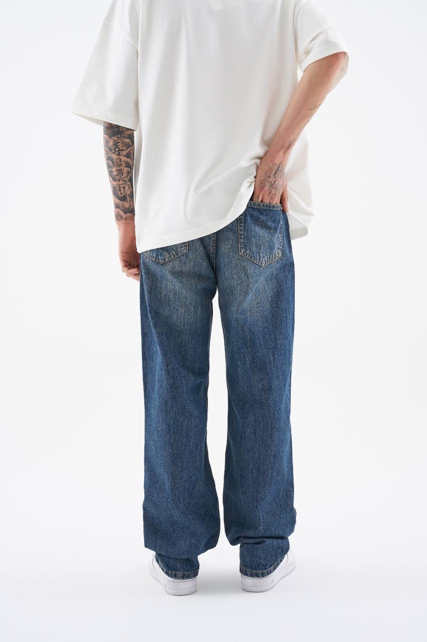 Men’s Baggy Fit Gabardine Dyed Jeans in  Blue Cotton Twill