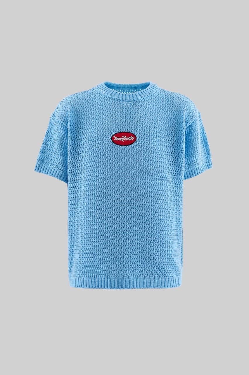 Men’s Boxy Fit Embroidered Short Sleeve T-Shirt in Baby Blue Cotton Knit