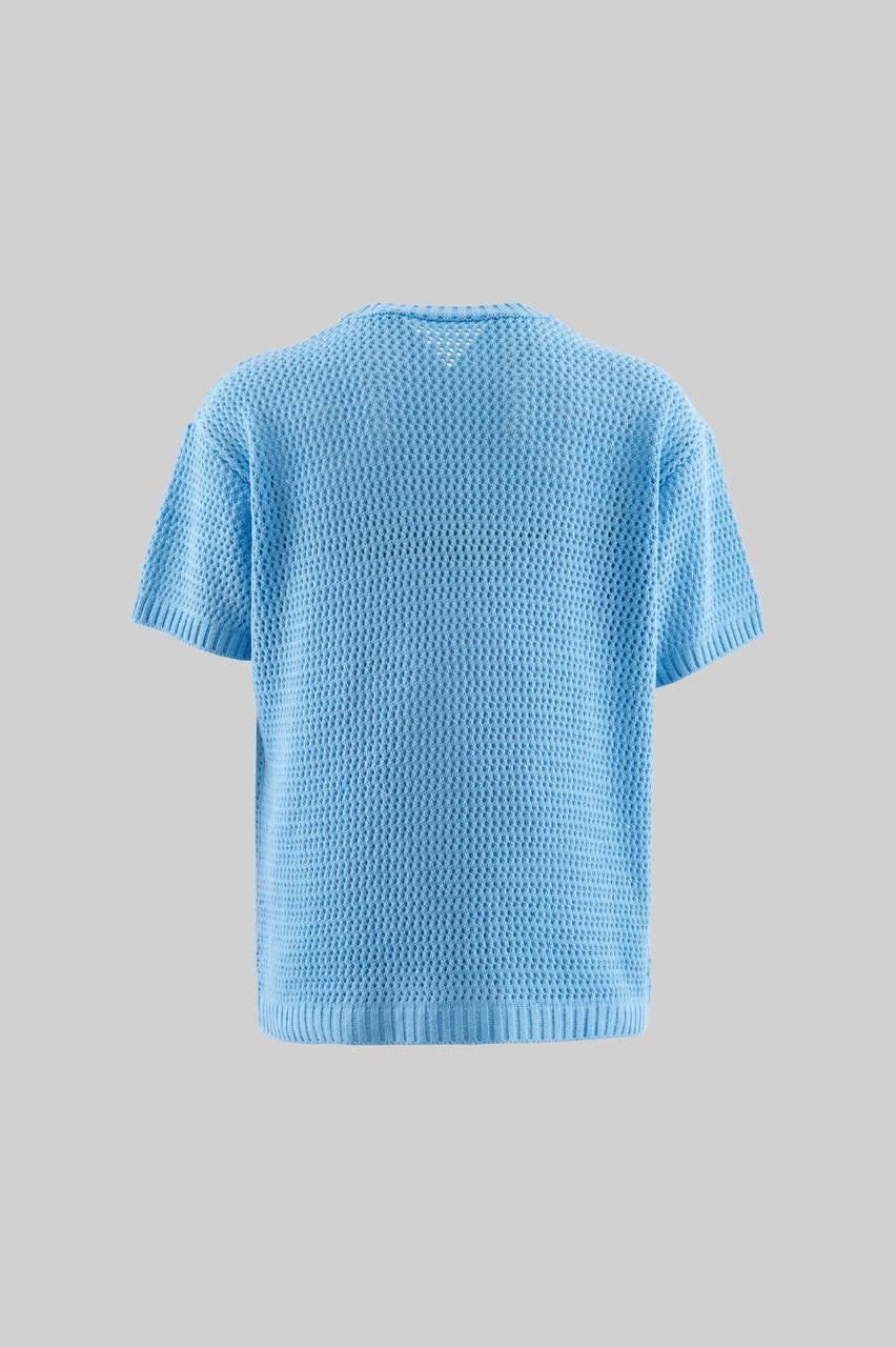 Men’s Boxy Fit Embroidered Short Sleeve T-Shirt in Baby Blue Cotton Knit