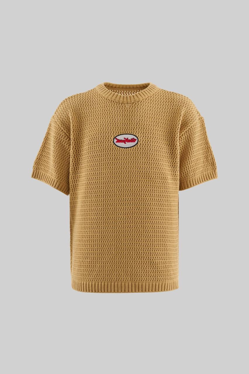 Men’s Boxy Fit Embroidered Short Sleeve T-Shirt in Soft Beige Cotton Knit