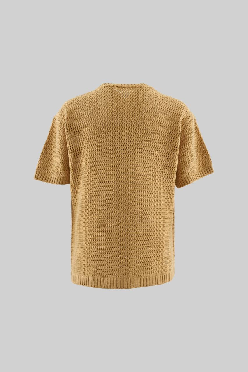 Men’s Boxy Fit Embroidered Short Sleeve T-Shirt in Soft Beige Cotton Knit