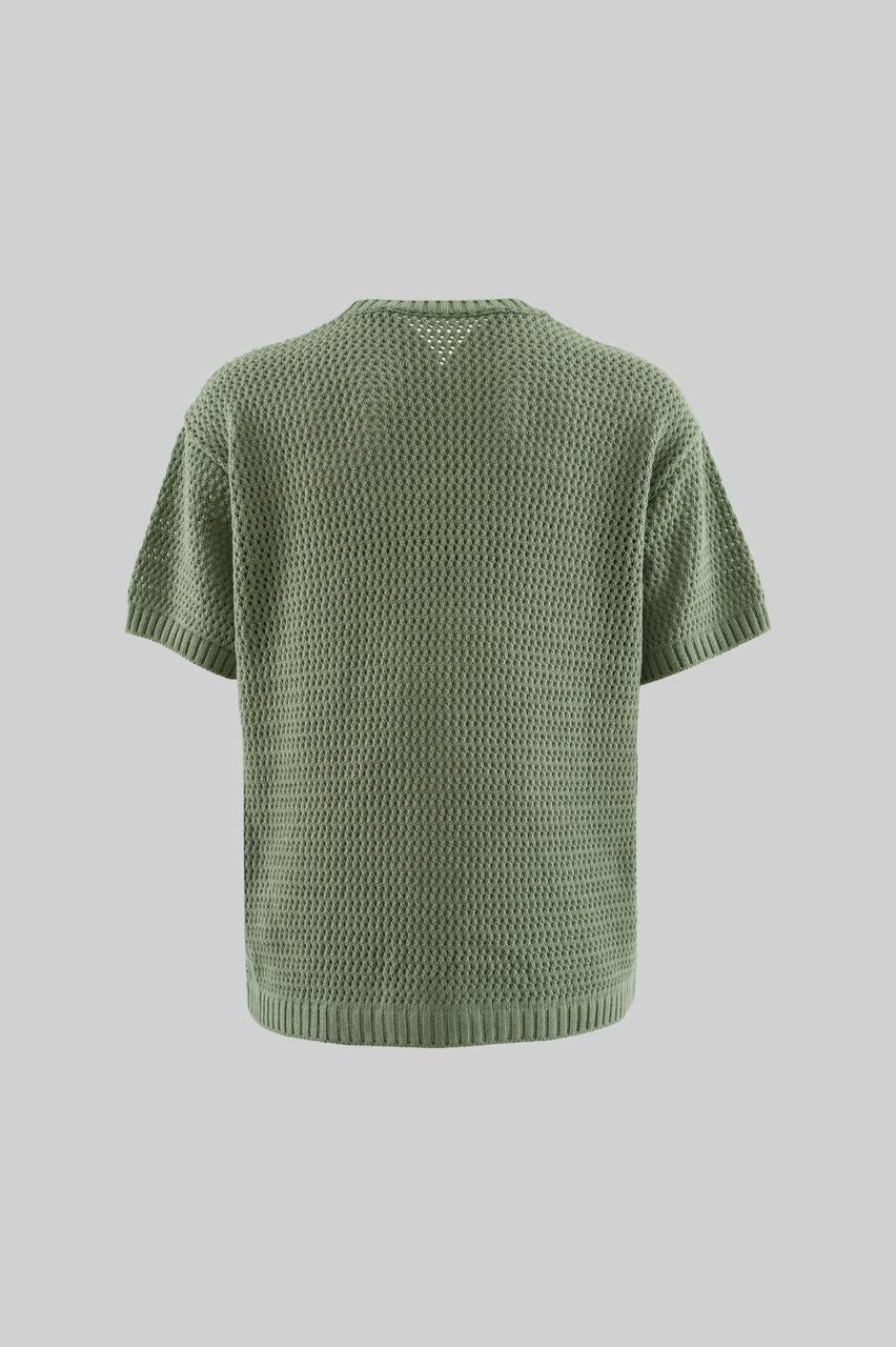 Men’s Boxy Fit Embroidered Short Sleeve T-Shirt in Soft Green Cotton Knit