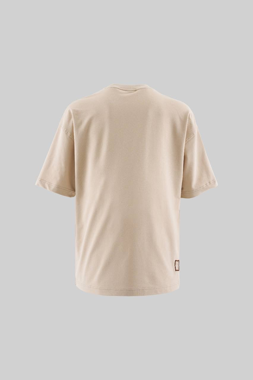 Men’s Boxy Fit Short Sleeve T-Shirt in Soft Beige with Technical Embroidery