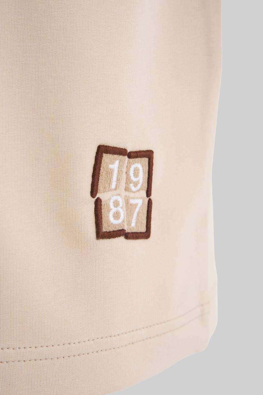 Men’s Boxy Fit Short Sleeve T-Shirt in Soft Beige with Technical Embroidery