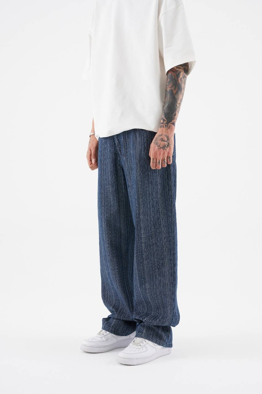 Men's Relaxed Fit Ethnic Patterned Jeans in Washed Blue Denim