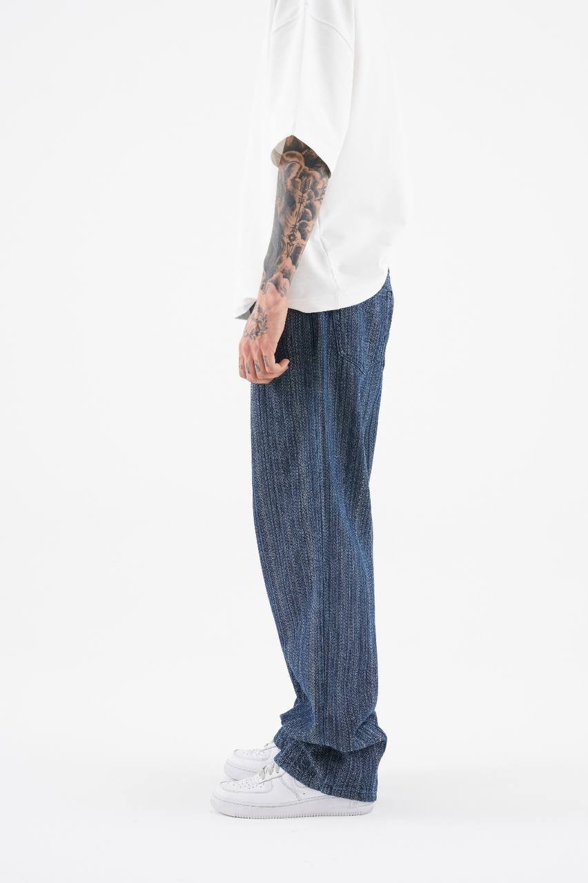 Men's Relaxed Fit Ethnic Patterned Jeans in Washed Blue Denim