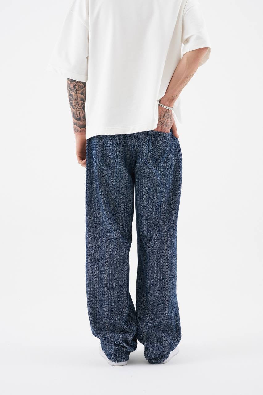 Men's Relaxed Fit Ethnic Patterned Jeans in Washed Blue Denim