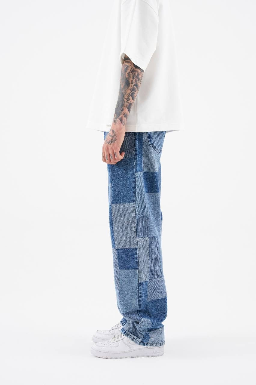 Men's Oversize Patchwork Patterned Jeans in Light Blue Denim