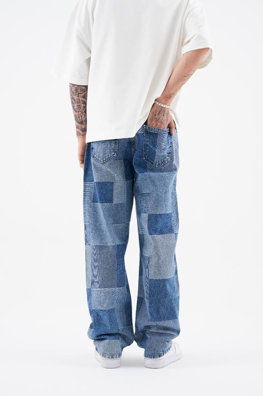 Men's Oversize Patchwork Patterned Jeans in Light Blue Denim