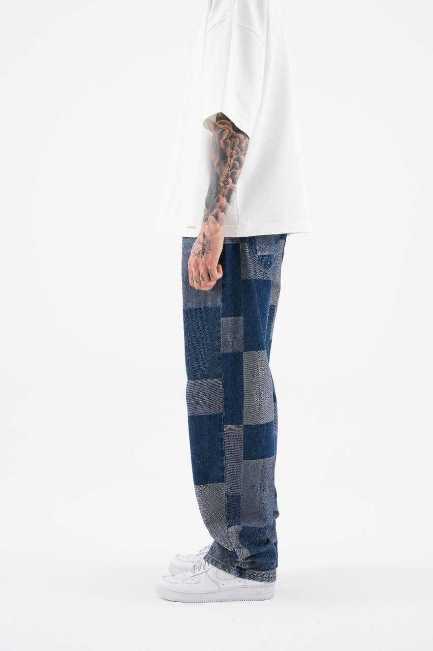 Men's Plus Relaxed Fit Patchwork Jeans in Rigid Denim