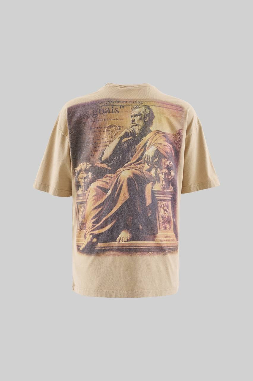 Men’s Boxy Fit Slogan Print Washed T-Shirt in Dark Beige Cotton