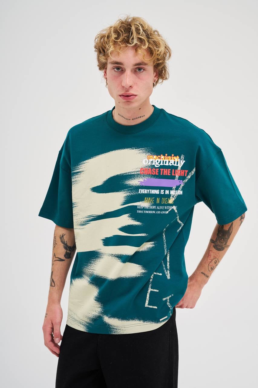 Men’s Oversized Slogan Printed T-Shirt in Oil Green