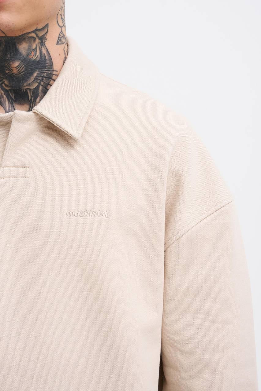 Machinist Men’s Distressed Stitch Polo Sweatshirt – Soft Beige