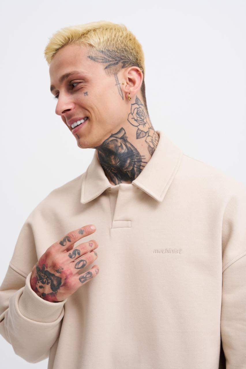 Machinist Men’s Distressed Stitch Polo Sweatshirt – Soft Beige