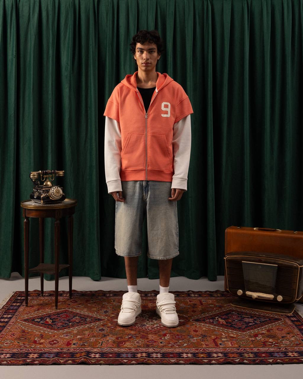 Men’s Vintage Orange Zip-Up Hoodie with Layered Sleeve Design