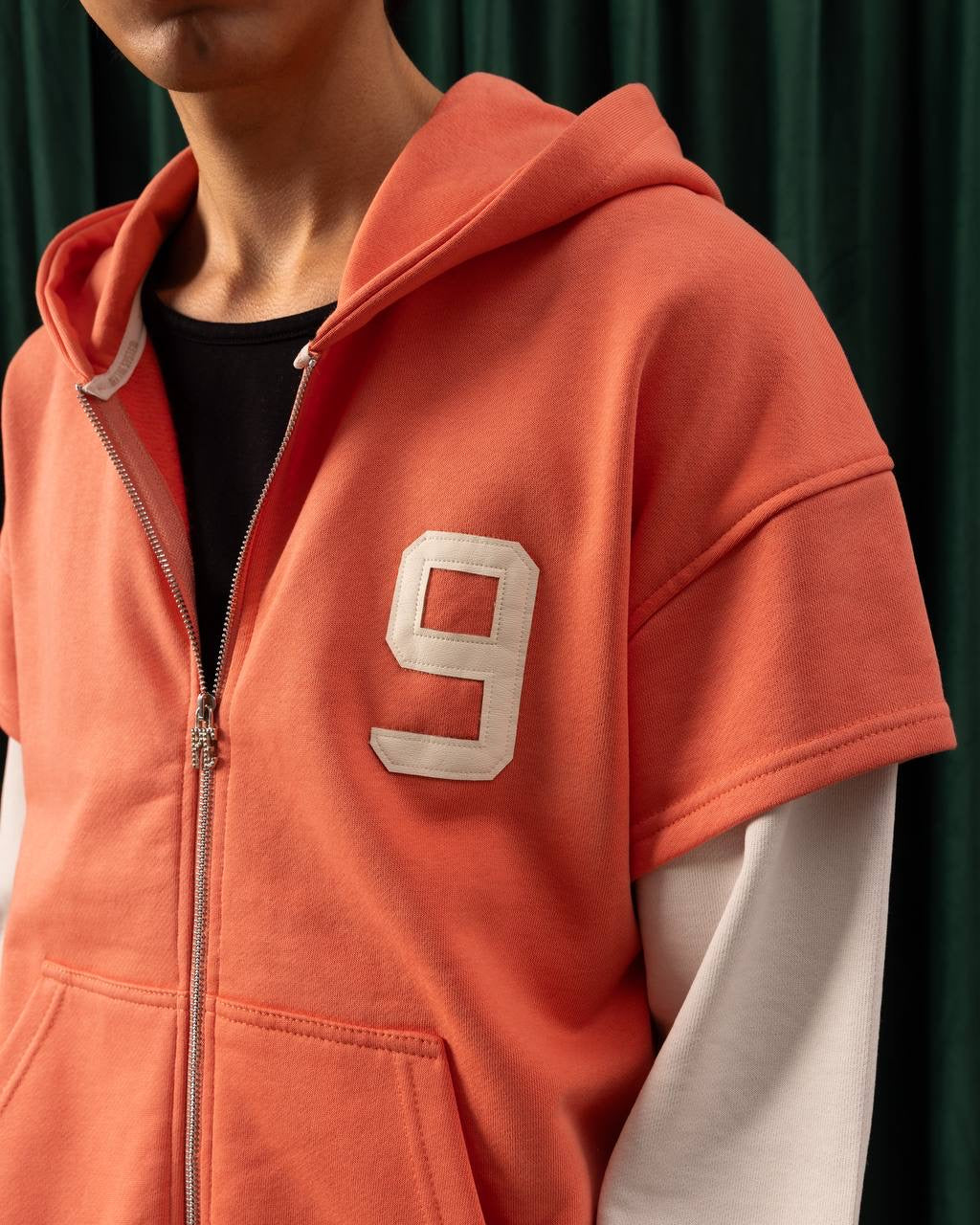 Men’s Vintage Orange Zip-Up Hoodie with Layered Sleeve Design