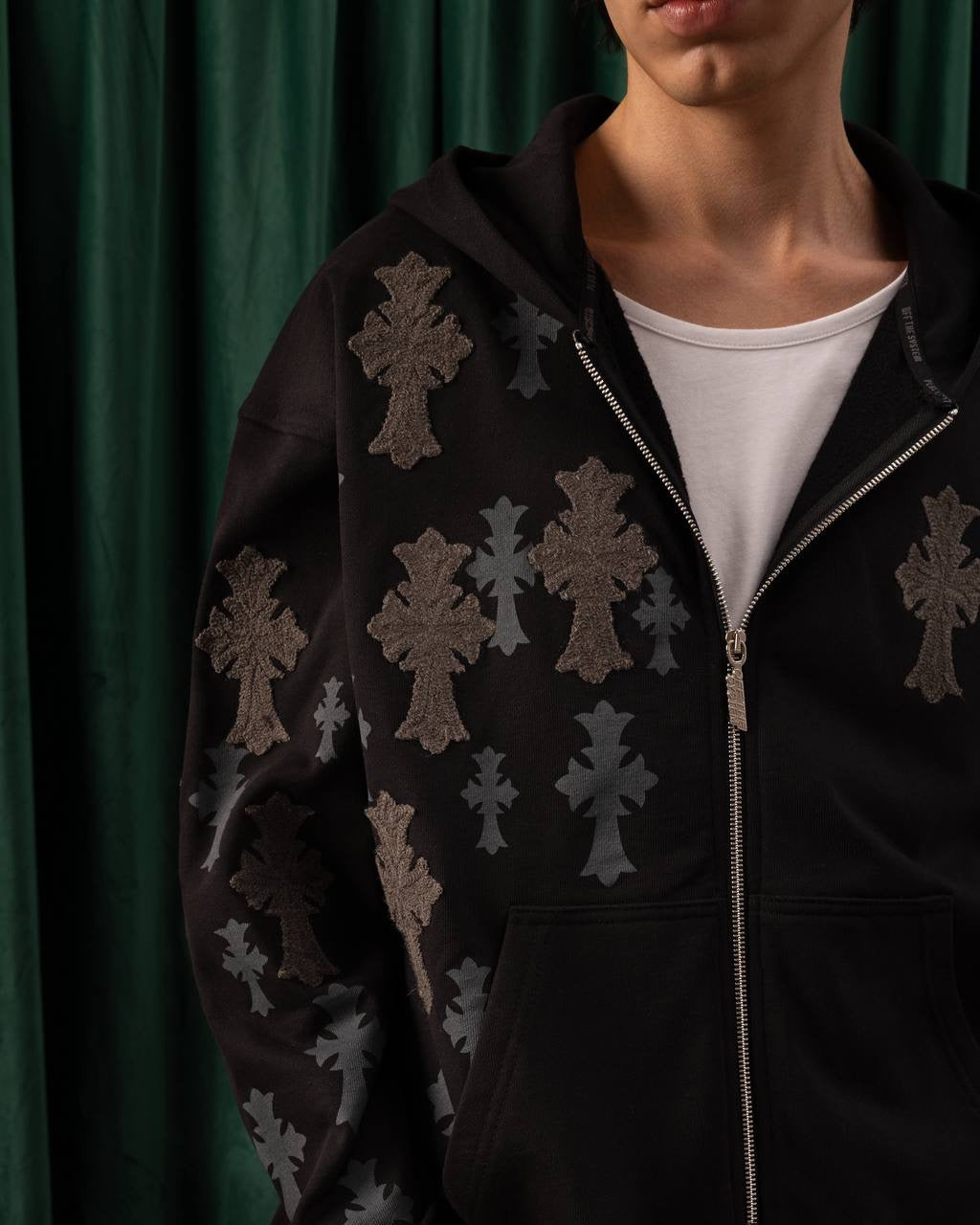 Men’s Black Zip-Up Hoodie with Gothic Cross Patches – Streetwear Statement Piece