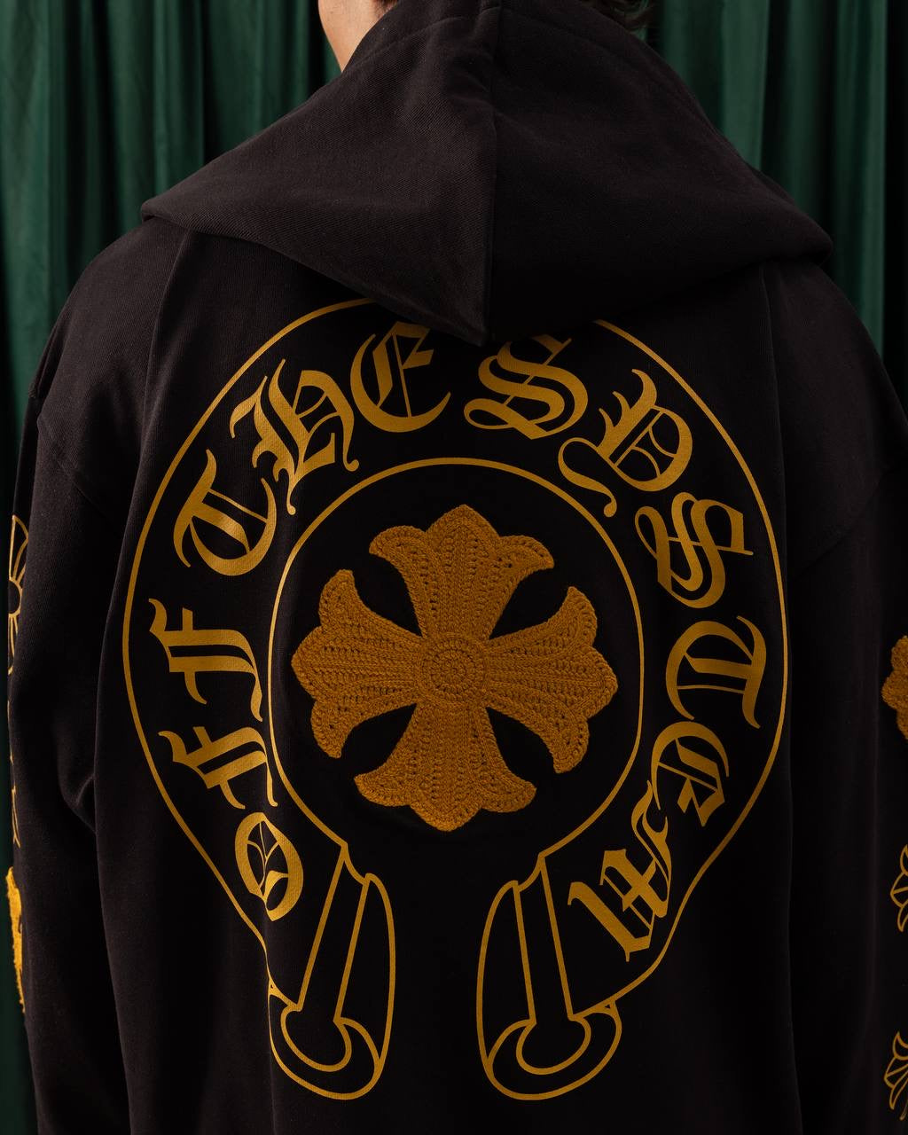 Men’s Black Zip-Up Hoodie with Yellow Sleeve Graphics – Urban Streetwear Essential