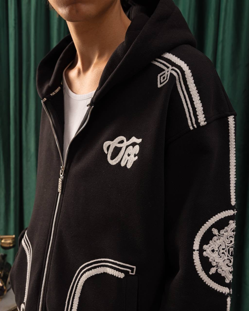 Men’s Black Zip-Up Hoodie – Graphic Varsity Streetwear Style