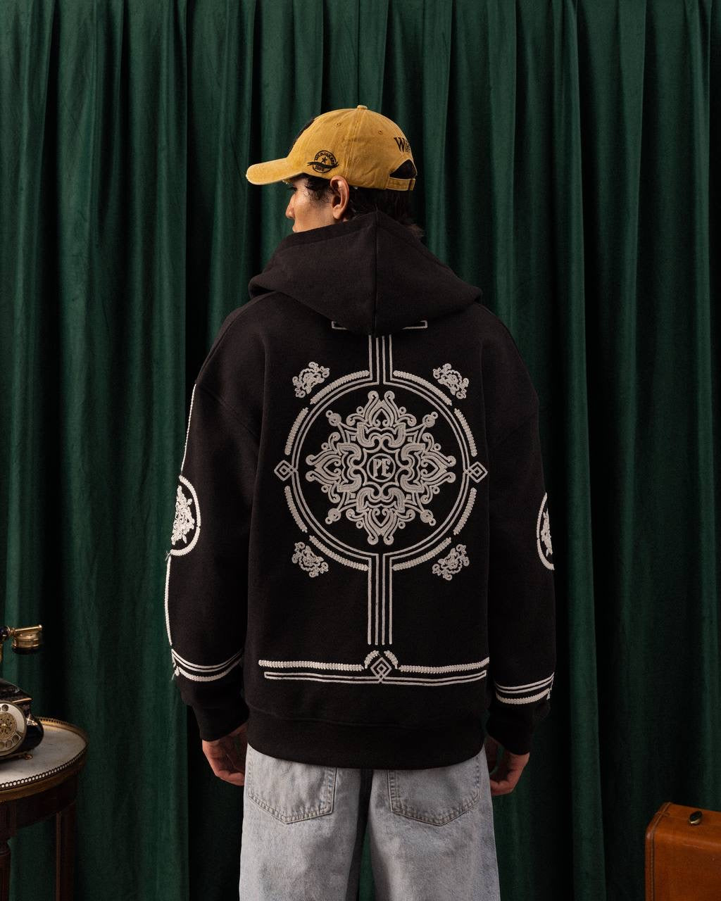 Men’s Black Zip-Up Hoodie – Graphic Varsity Streetwear Style