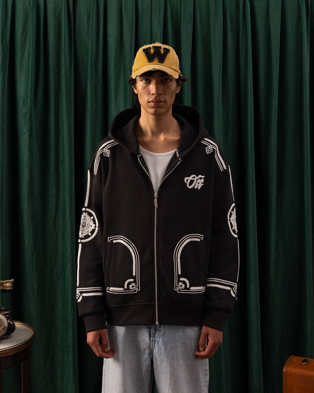 Men’s Black Zip-Up Hoodie – Graphic Varsity Streetwear Style