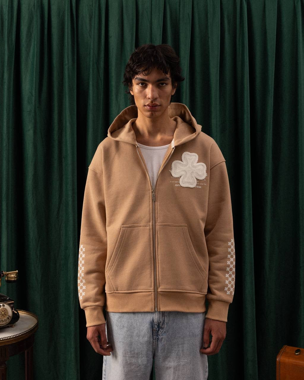 Men’s Camel Zip-Up Hoodie – Four-Leaf Clover Patch Streetwear