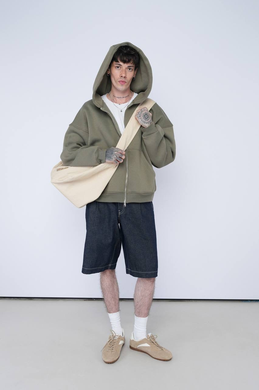 Olive Green Oversized Zip-Up Hoodie – Unisex Streetwear Casual Jacket