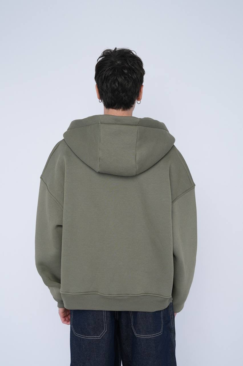 Olive Green Oversized Zip-Up Hoodie – Unisex Streetwear Casual Jacket