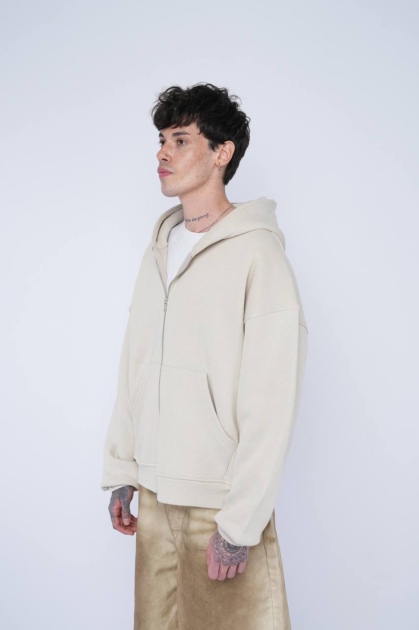 Beige Oversized Zip-Up Hoodie – Unisex Casual Streetwear Jacket
