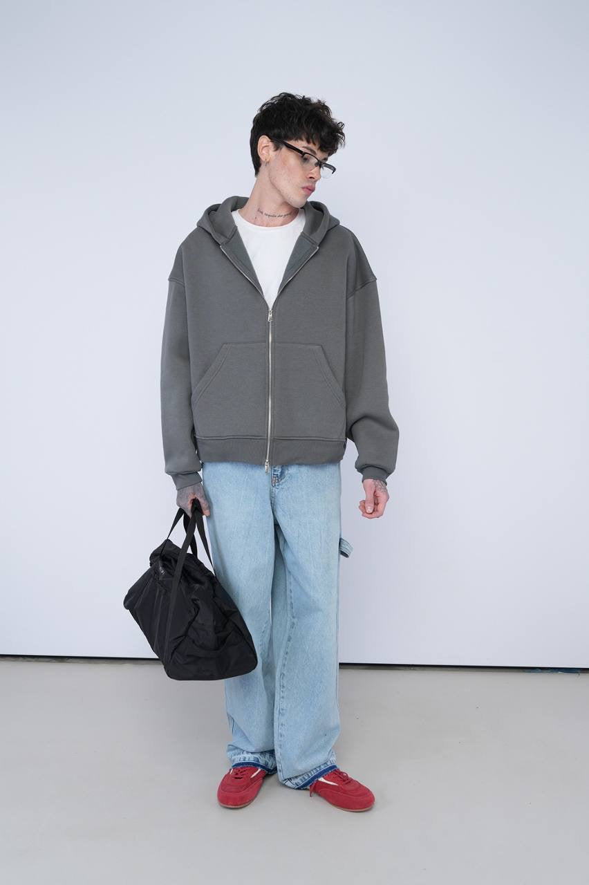 Gray Oversized Zip-Up Hoodie – Unisex Casual Streetwear Jacket