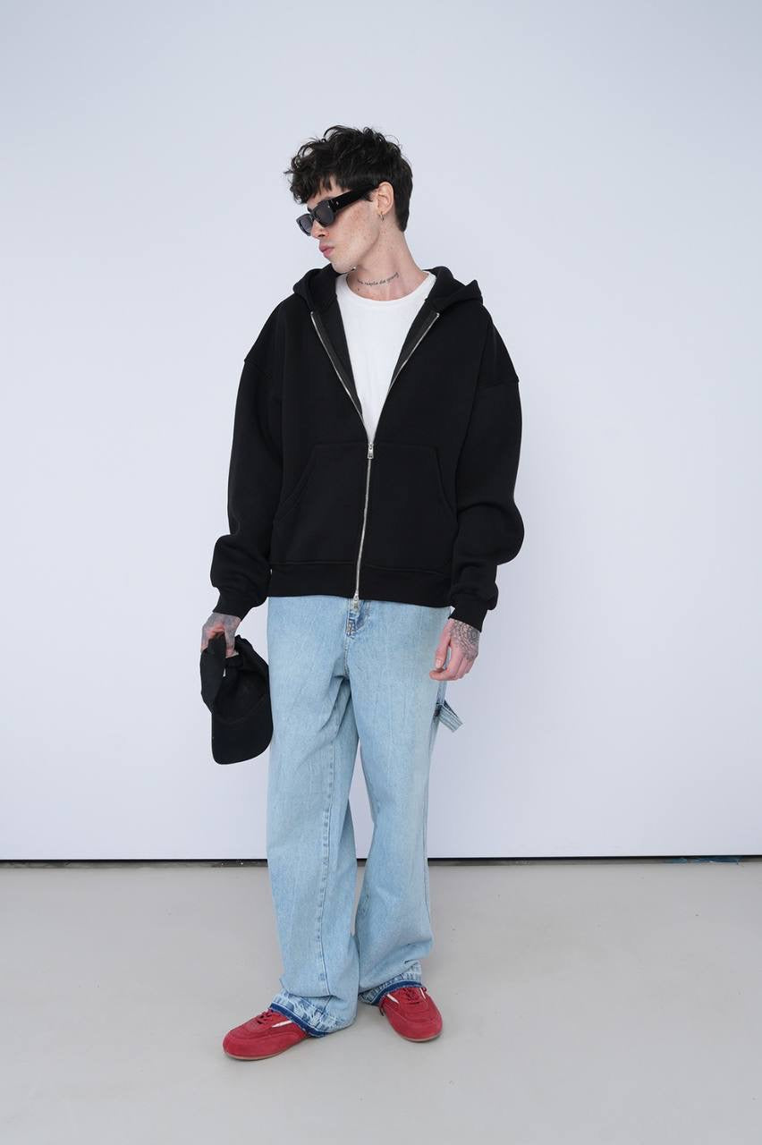 Black Oversized Zip-Up Hoodie – Unisex Casual Streetwear Jacket